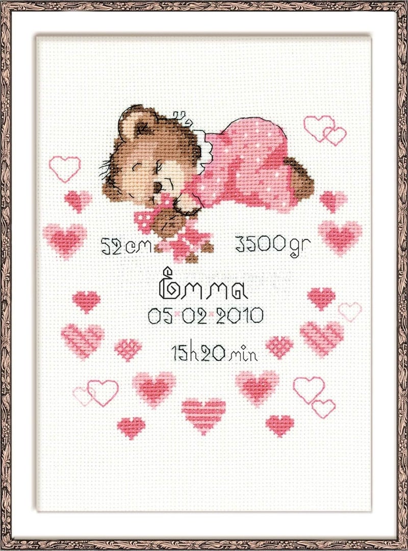 Riolis - Girls Birth Announcement 1123, Cross Stitch Kits 7"X9.5", Cross Stitch Kits for Beginners & Advanced, Crossstitching Kits Adult, Counted Stitching Kits, Embroidery Kit - Image 1